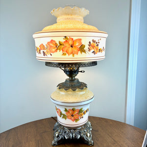 Vintage Falkenstein Hand Painted Milk Glass Orange Yellow Floral Hurricane Table Lamp