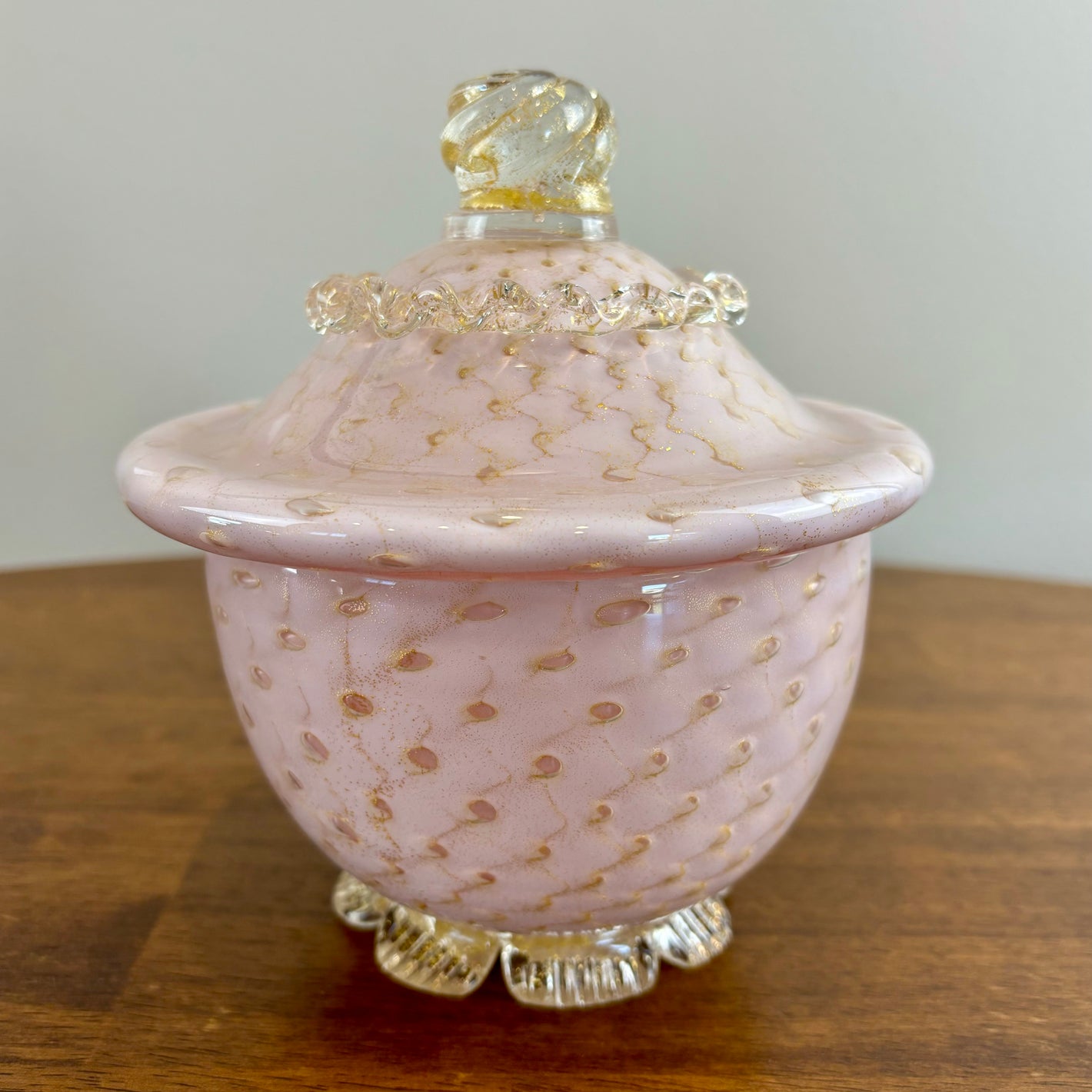 Stunning Murano Alfredo Barbini Pink Gold Bullicante Covered Candy Box Dish