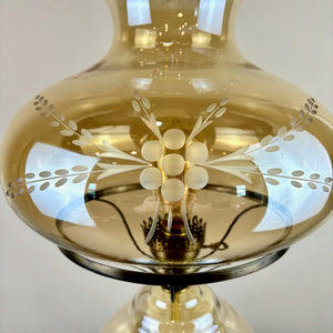 Vintage Floral Leaf Etched Glass Champagne Luster Hurricane Table Lamp