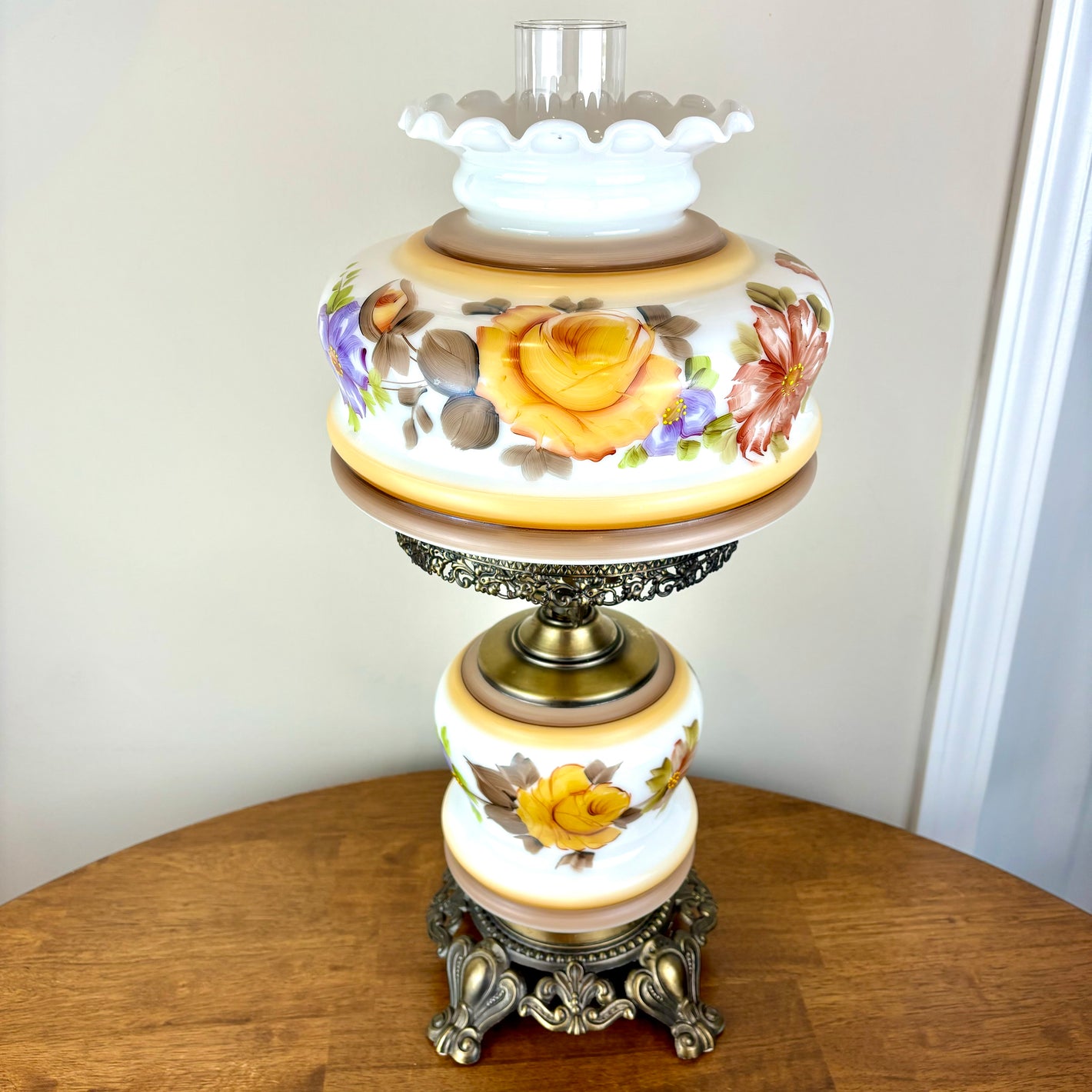 Vintage Hand Painted White Milk Glass Orange Purple Red Floral Hurricane Table Lamp