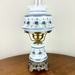Vintage Quoizel Abigail Adams Milk Glass Blue Floral Hurricane Table Lamp Small 14.5"