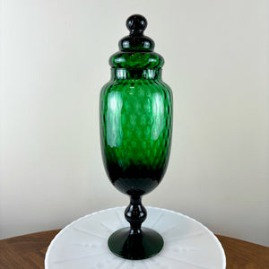 Vintage Empoli Optic Glass Emerald Green Lidded Apothecary Jar