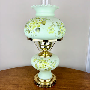 Vintage Hand Painted Milk Glass Pastel Green Floral Hurricane Table Lamp