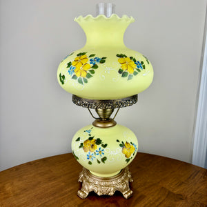 Vintage Hand Painted Milk Glass Yellow Blue Florals Hurricane Lamp