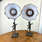 Vintage Pair Cherub Cupid Putti Metal Table Lamps Italian Brown Cased Glass Ruffle Shades