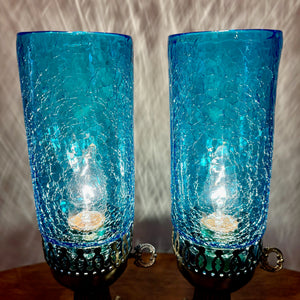 Vintage Pair Blue Crackle Glass Table Lamps