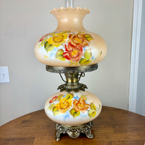 Vintage Hand Painted Milk Glass Yellow Orange Red Floral Hurricane Lamp