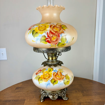 Vintage Hand Painted Milk Glass Yellow Orange Red Floral Hurricane Lamp