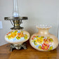 Vintage Hand Painted Milk Glass Yellow Orange Red Floral Hurricane Lamp