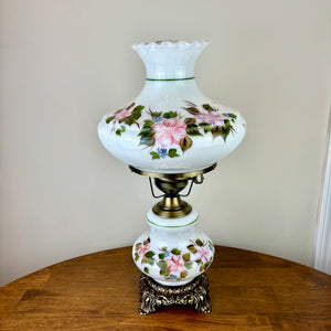 Vintage Hand Painted Milk Glass Pink Purple Blue Flowers Hurricane Lamp