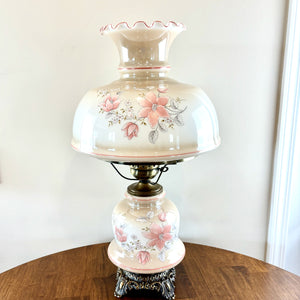 Vintage Milk Glass Beige Luster Pink White Floral Hurricane Lamp