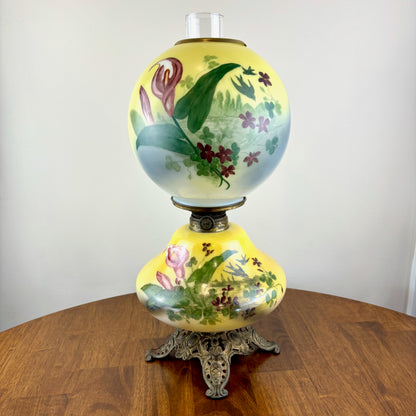 Antique Yellow Purple Floral Birds Gone With The Wind Lamp