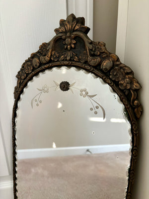 Vintage Etched Scalloped Glass Ornate Wood Framed Wall Mirror