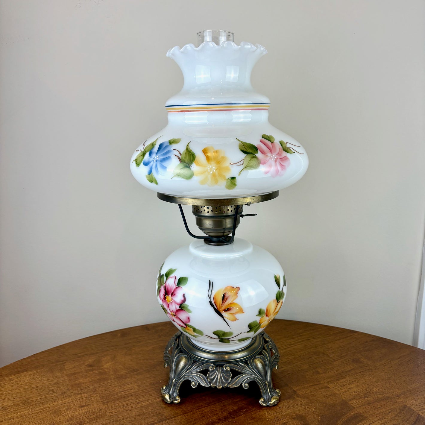 Vintage Hand Painted Milk Glass Butterfly Pink Blue Yellow Flowers Hurricane Lamp