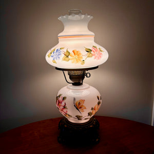 Vintage Hand Painted Milk Glass Butterfly Pink Blue Yellow Flowers Hurricane Lamp