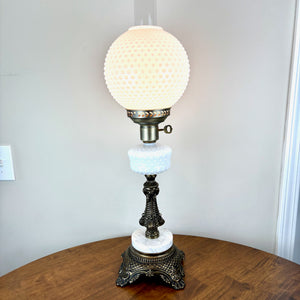 Vintage Milk Glass Hobnail Globe Shade Marble Base Table Lamp