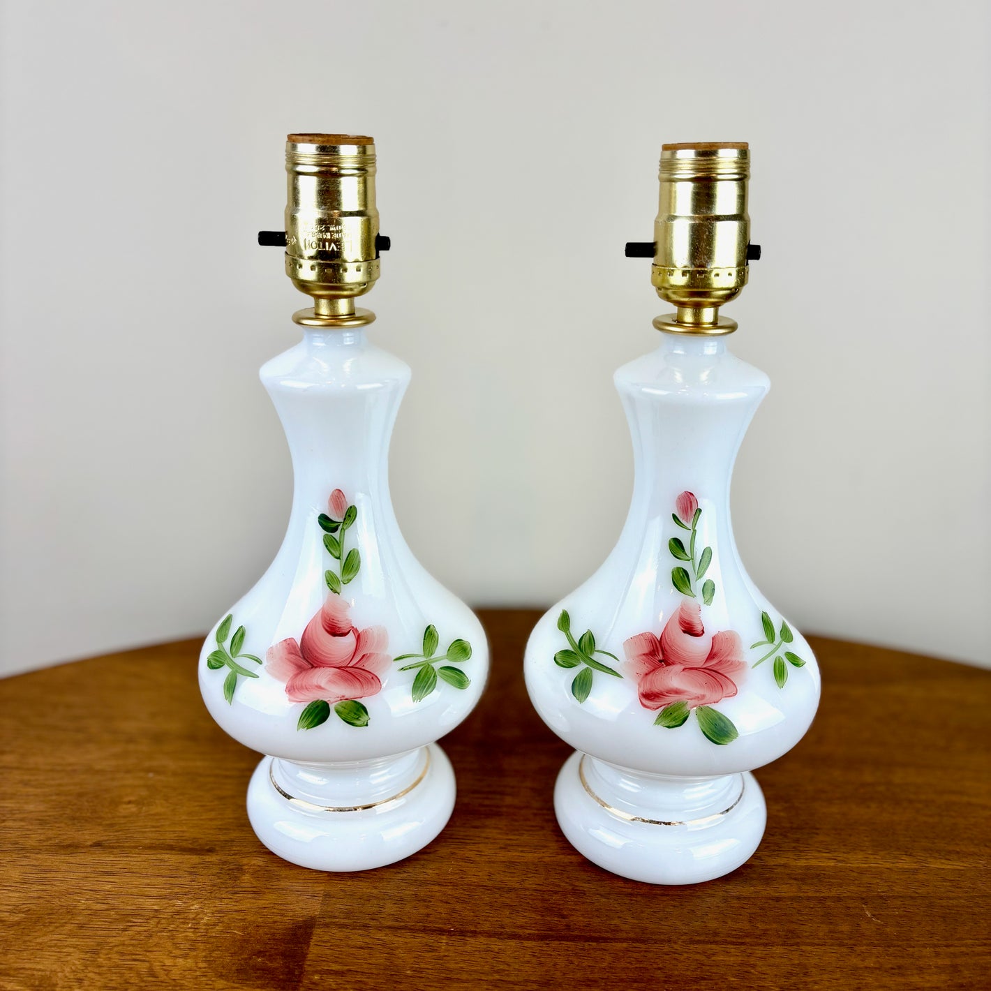 Vintage Pair Hand Painted Pink Roses Milk Glass Table Lamps