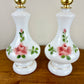 Vintage Pair Hand Painted Pink Roses Milk Glass Table Lamps