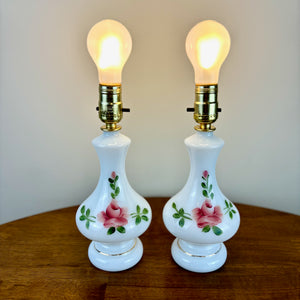 Vintage Pair Hand Painted Pink Roses Milk Glass Table Lamps