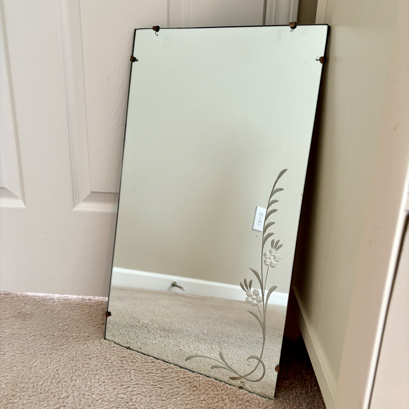 Vintage Frameless Etched Floral Wall Mirror