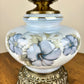 Vintage Milk Glass Blue Luster Opalescent Blue Hibiscus Floral Hurricane Lamp