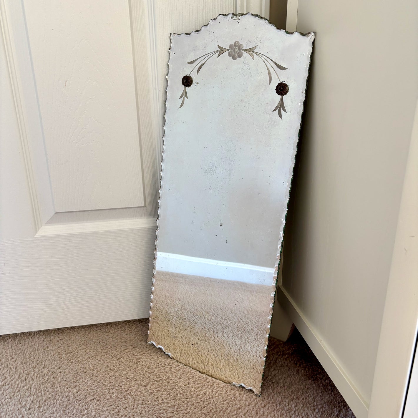 1930's Frameless Scalloped Edge Etched Wall Mirror