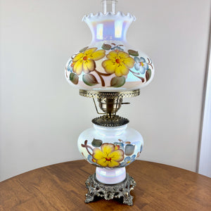 Vintage Milk Glass Opalescent Luster Yellow Blue Floral Hurricane Lamp