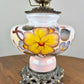 Vintage Milk Glass Opalescent Luster Yellow Blue Floral Hurricane Lamp