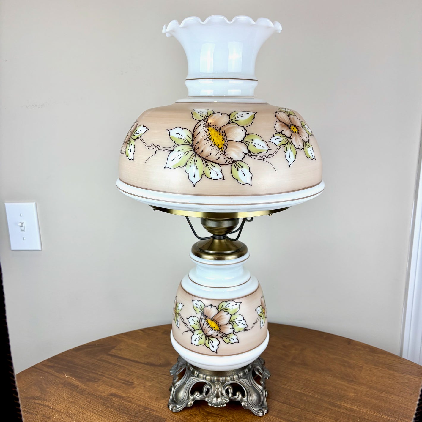 Vintage Hand Painted Milk Glass Brown Tan Yellow Floral Hurricane Lamp