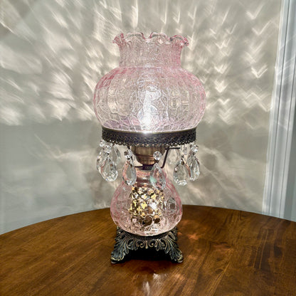 Vintage Pink Crackle Glass Hurricane Lamp With Teardrop Crystal Prisms