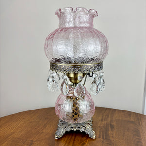 Vintage Pink Crackle Glass Hurricane Lamp With Teardrop Crystal Prisms