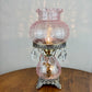 Vintage Pink Crackle Glass Hurricane Lamp With Teardrop Crystal Prisms