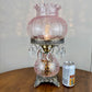 Vintage Pink Crackle Glass Hurricane Lamp With Teardrop Crystal Prisms