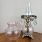 Vintage Pink Crackle Glass Hurricane Lamp With Teardrop Crystal Prisms