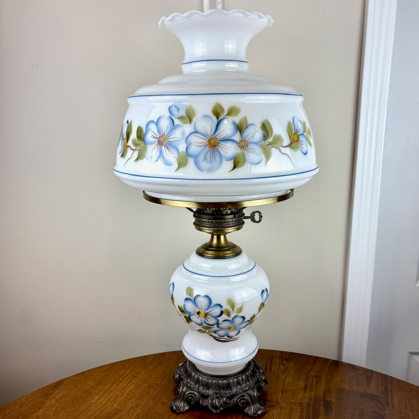 Vintage Large Blue Floral Blue Trim Hurricane Lamp