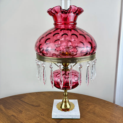 Vintage Fenton Cranberry Coin Dot Table Lamp Marble Base Crystal Prism | Fenton Lamp