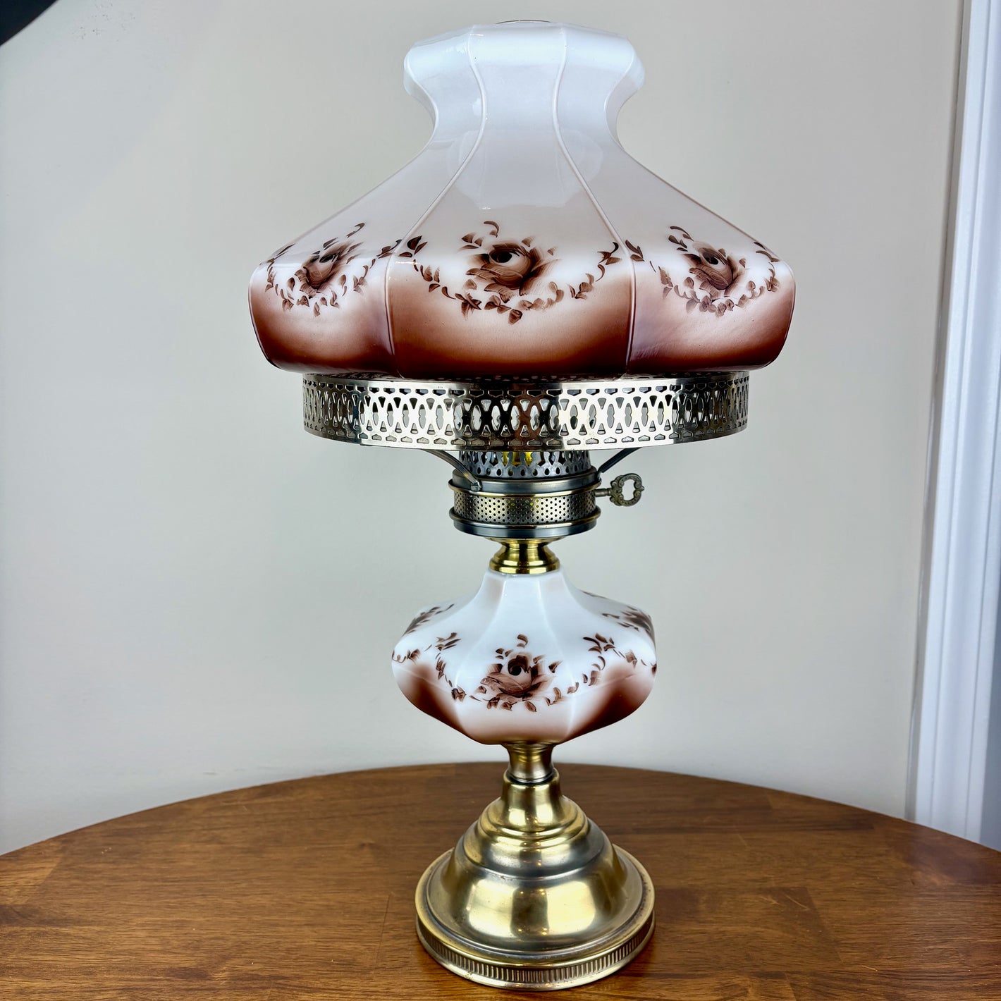 Vintage Brown Rose Floral Hurricane Lamp
