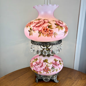 Vintage Pink Floral Milk Glass Hurricane Lamp
