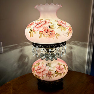 Vintage Pink Floral Milk Glass Hurricane Lamp