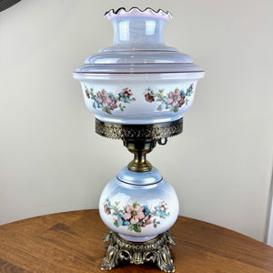Vintage Blue Luster Blue Pink Floral Hurricane Lamp