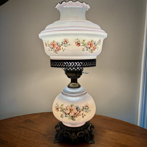 Vintage Blue Luster Blue Pink Floral Hurricane Lamp