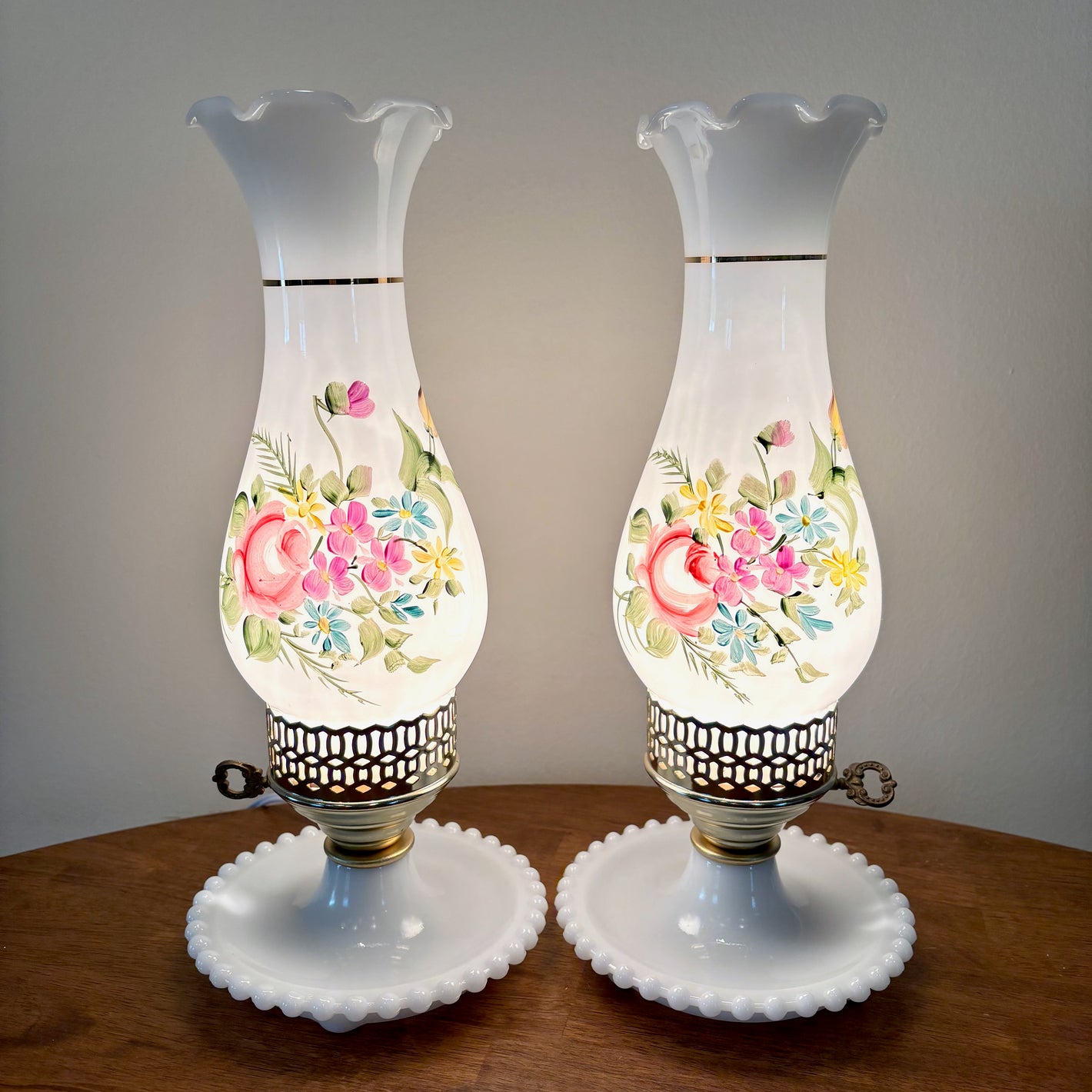 Pair Vintage Floral Milk Glass Lamps | Vintage Lamp