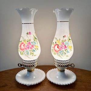 Pair Vintage Floral Milk Glass Lamps | Vintage Lamp