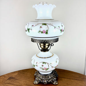 Vintage Pink Rose Floral Milk Glass Hurricane Lamp | Vintage Lamp