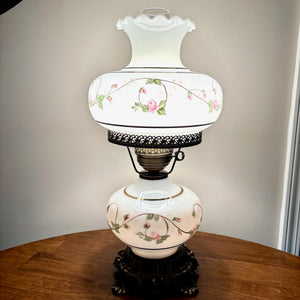 Vintage Pink Rose Floral Milk Glass Hurricane Lamp | Vintage Lamp