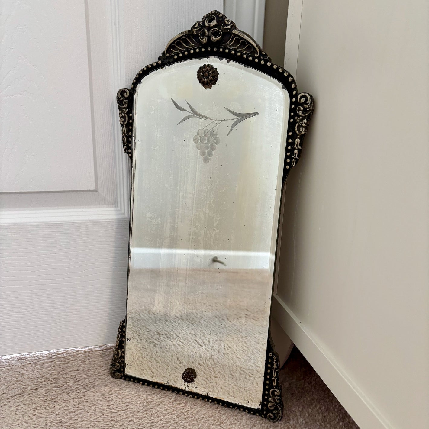 Art Deco Etched Grape Beveled Ornate Wood Frame Mirror | Etched Mirror