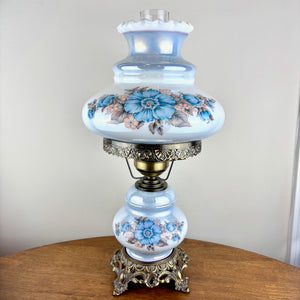 Vintage Blue Luster Blue Pink Floral Hurricane Lamp