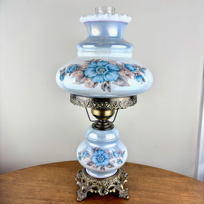 Vintage Blue Luster Blue Pink Floral Hurricane Lamp