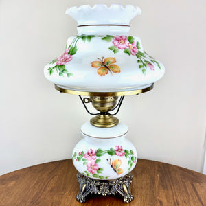 Vintage Butterfly Pink Floral Milk Glass Hurricane Lamp | Vintage Lamp