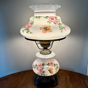 Vintage Butterfly Pink Floral Milk Glass Hurricane Lamp | Vintage Lamp